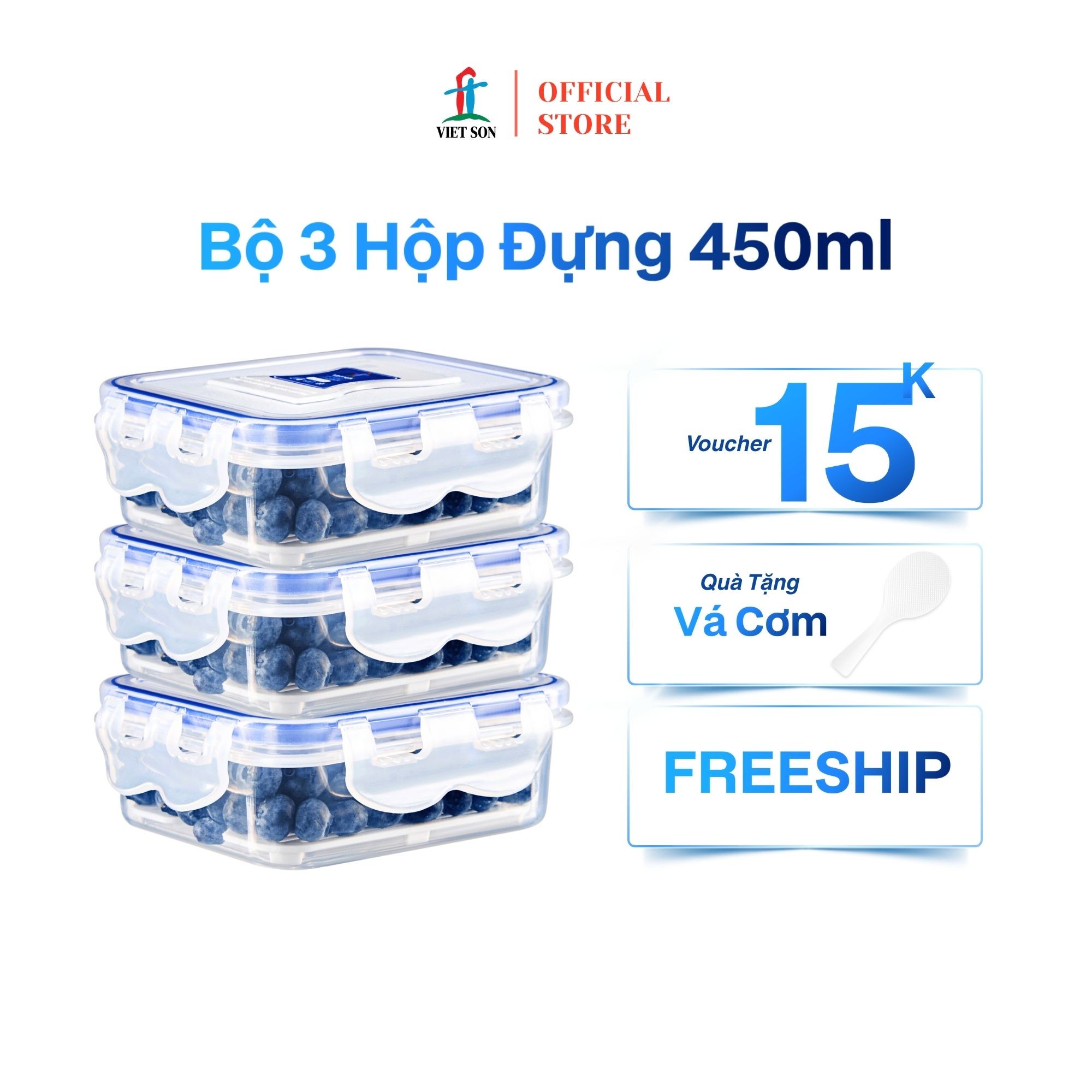 Bộ 3 Hộp Đựng Thực Phẩm  Việt Son 450ml Nắp Khóa 4 Cạnh Kín Hơi